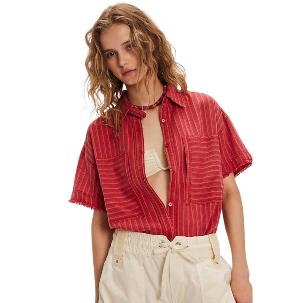 Free People Christopher Linen Shirt Red Stripe Button Up Coastal XS NWT